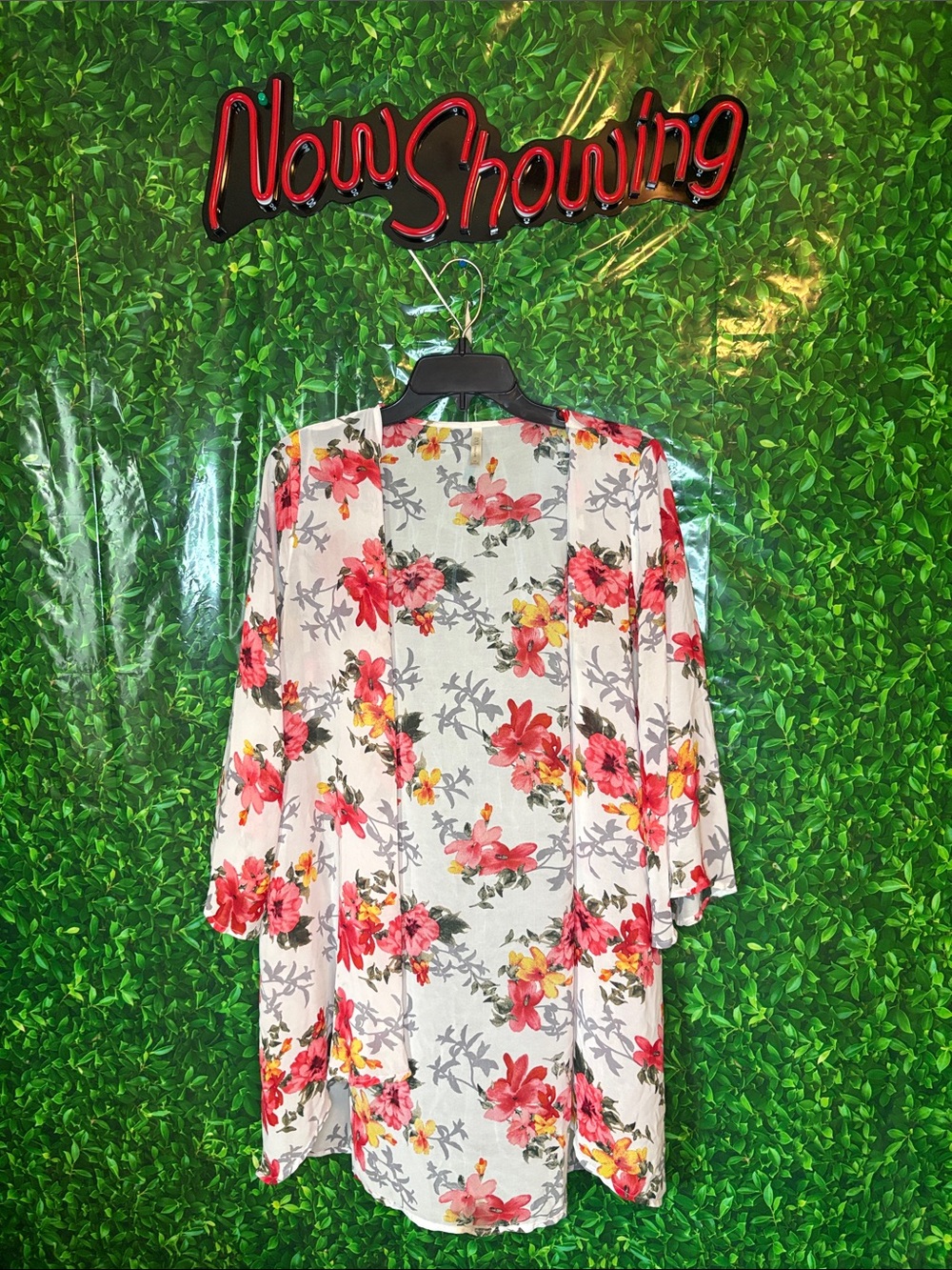 DNA couture White Floral Open-Front Kimono with Pink & Yellow Blooms